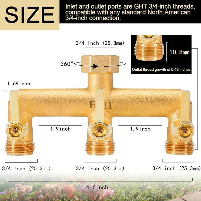 EBH Brass Garden Hose Splitter, 3 Way Outdoor Faucet Splitter, 3 Long Metal Handle and Individual On/Off Valve, GHT 3/4-Inch Heavy Duty Hex Female Inlet and 3/4-Inch Male Outlet