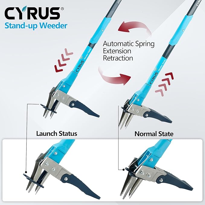 CYRUS Weed Puller Tool - 3-Claw 39‘’ Gardening Hand Tool with Ergonomic Aluminum Handle, High-Resilience Spring & Stainless Steel Teeth for Easy Weed Removal