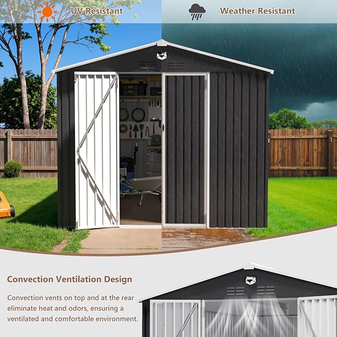 Outdoor Storage Shed 10x12 FT, Metal Garden Shed - Tool Storage Sheds with Lockable Doors, Waterproof Outside Storage Building for Backyard, Patio (Black; Floor Not Included)