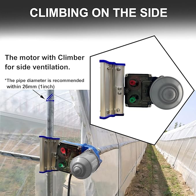 UYGALAXY 100W Greenhouse Film Roll Up Side Motor 1 3/8" Roll Bar Adapter + Precise Bearing Climber for Greenhouse Automatic Ventilation (with Creeper)