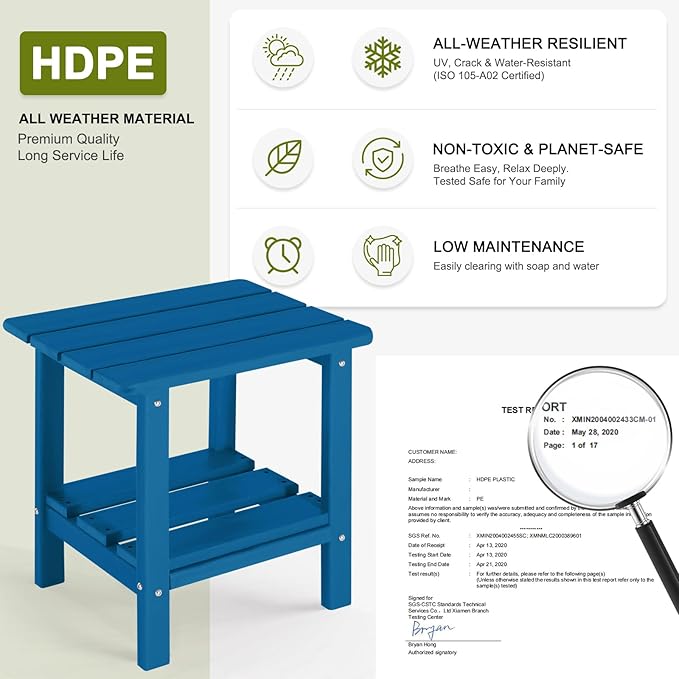 ABCPATIO Adirondack Outdoor Side Table, 2-Tier Small Patio End Table, Weather Resistant HDPE Outdoor End Tables for Garden, Lawn, Pool, Beach, Porch, Deck, Backyard - Square, Dark Blue