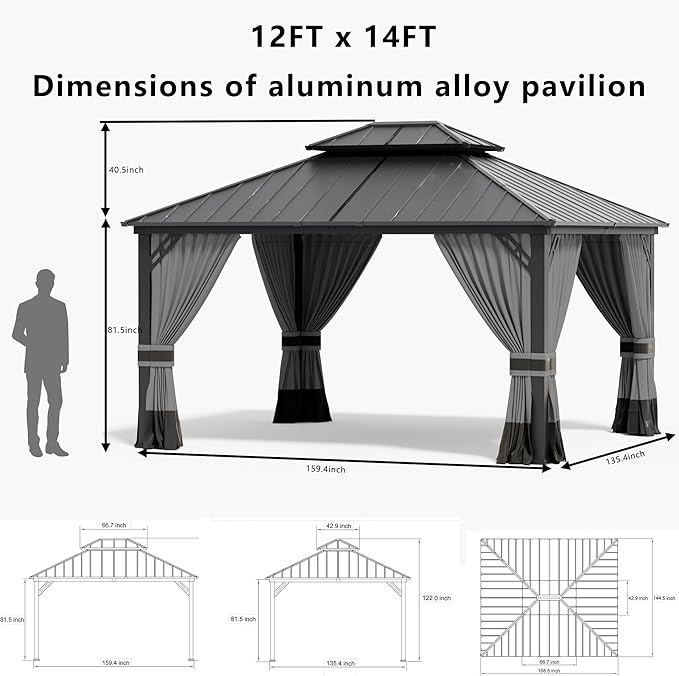 12x14ft Hardtop Gazebo Double Roof, Outdoor Pavilion with 2-Layer Hard top Galvanized Iron Frame Garden Tent, Suitable for courtyards, backyards, Decks, and Grass