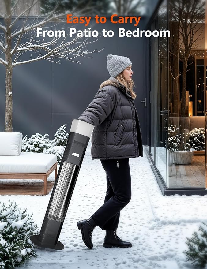 Outdoor Electric Patio Heater, Built-in Speaker & RGB Mood Light, 43 inch, 1500W Infrared Tower Heater with 5-Heat Levels, IP65 Waterproof, 24H Timer, Aluminum Unibody, For Garage, Bedroom, Deck Use