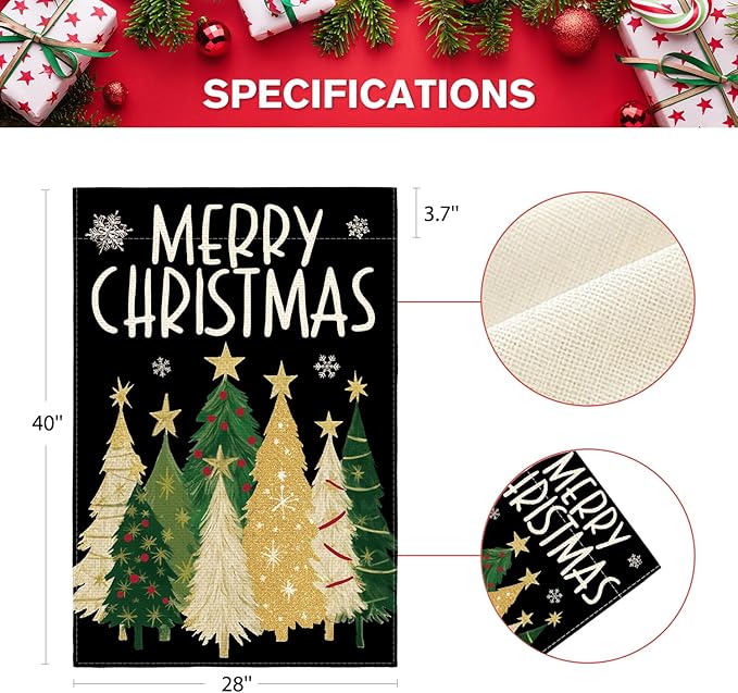 AVOIN colorlife Merry Christmas House Flag 28x40 Inch Double Sided Outside, Christmas Trees Winter Holiday Yard Outdoor Flag Black