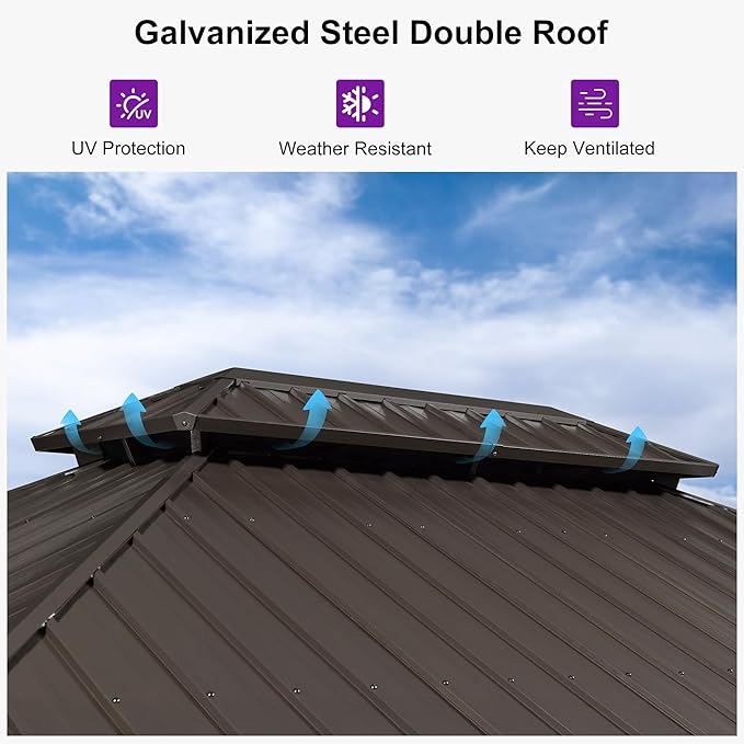 PURPLE LEAF 10’ X 16’ Outdoor Hardtop Gazebo Metal Frame Galvanized Steel Double Roof with Curtains and Nettings for Patio Desk Backyard Bronze