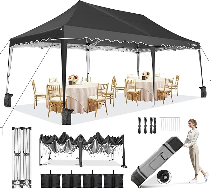 HOTEEL 10x20 Pop Up Canopy, Outdoor Easy Setup Party Tent, Waterproof Portable Enclosed Event Shelter with Wheeled Bag, Weight Bag for Backyard, Vendor, Black
