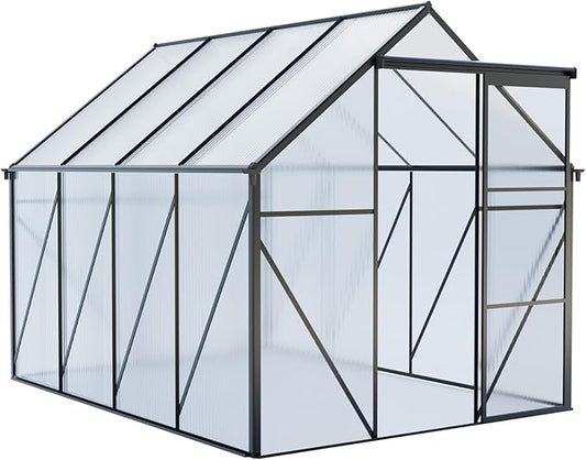 6×8 FT Black Polycarbonate Walk-in Greenhouse for Outdoor Backyard, Heavy-Duty Aluminum Frame with Sliding Door, Gutter System & Adjustable Roof Vent, Green House for Winter Gardening