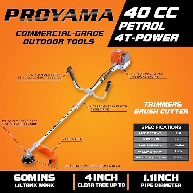 PROYAMA 40cc Gas Powered Brush Cutter, 4-Cycle Heavy Duty Weed Eater, 3 in 1 Dual Line Gas String Trimmer and Grass Trimmer, Weed Wacker