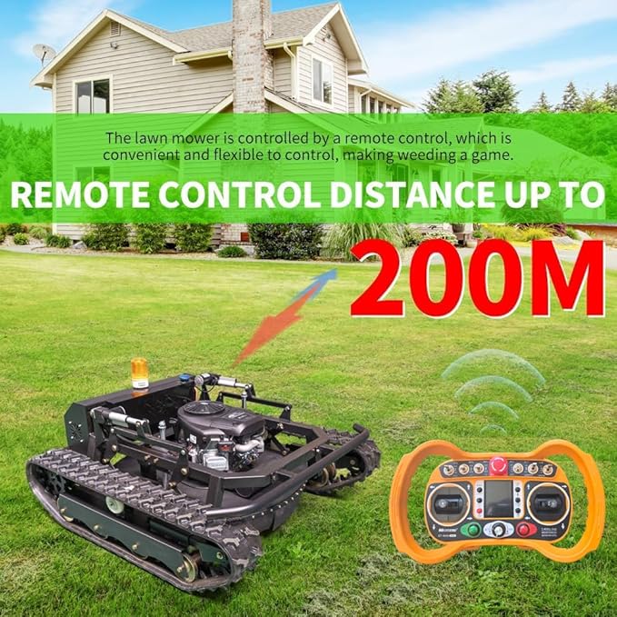 Lawn Mower, Remote Control Lawn Mower, Small Crawler Oil-Electric Hybrid Four-Wheel Drive Lawn Mowing and Weed Whacker, All Terrain Grass Cutter Yard Mower, 65° Climbing (SKD-810-90)