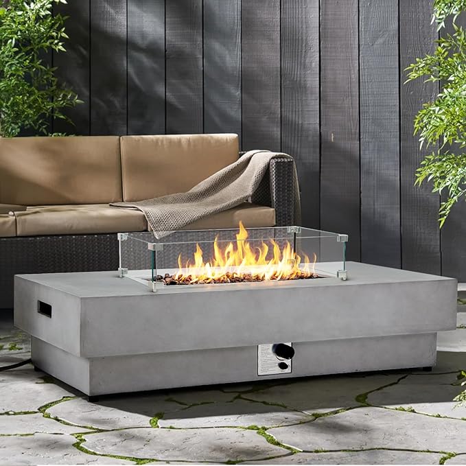 60Inch Outdoor Propane Fire Pit Table with Wind Guard, 2-Piece Concrete Large Rectangular Fire Table with Lid, Lava Rocks, Rain Cover - 50,000 BTU Firepits for Outside Patio, Backyard