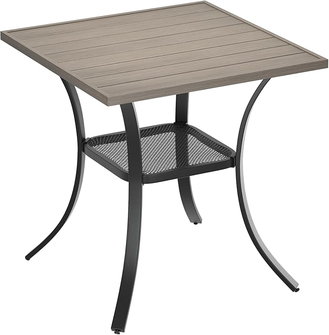 VICLLAX Small Square Outdoor Patio Table, All Weather Metal Outdoor Dining Table for Lawn Garden, 27.5"x 27.5" Patio Table for Outside, Grey Wood-Like Tabletop