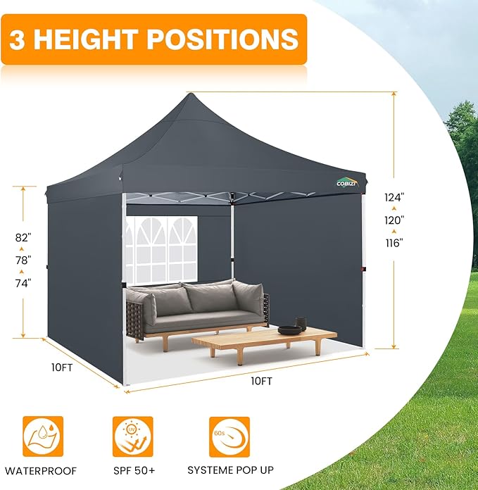 COBIZI 10x10ft Pop Up Canopy with 4 Removable Sidewalls, Easy Up Commercial Gazebos, Waterproof and UV50+ Gazebo with Portable Bag, Adjustable Leg Heights, Tents for Parties, with 4 sandbags, Gray
