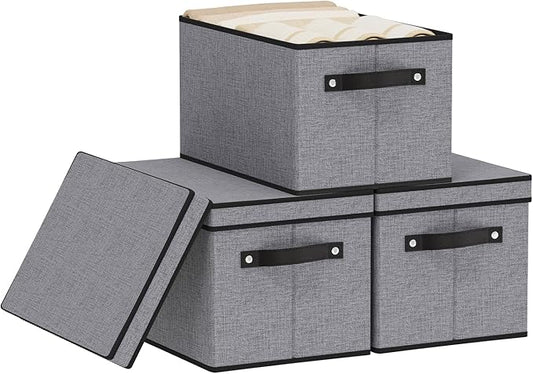 Foldable Storage Bins with Lids, 15 x 9.8 x 8.3 Inch Storage Boxes with Handles, Fabric Closet Organizers for Wardrobe, Gray, 3-Pack