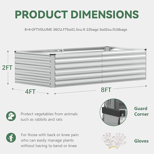 FOOWIN 8x4x2ft Galvanized Raised Garden Bed, Planter Raised Garden Boxes Outdoor, Large Metal Raised Beds for Gardening, Garden Bed for Vegetables, Flowers, Herb,478 Gallon Capacity, Silver
