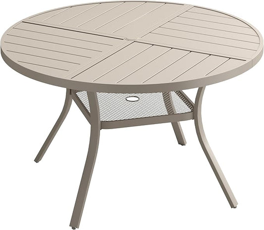VICLLAX Round Patio Dining Table, 4 Person Metal Outdoor Dining Table with Umbrella Hole and Storage Shelf for Garden Lawn Deck, 40.6" Sandshell