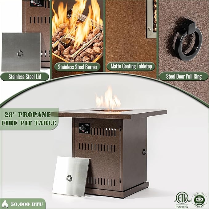 Propane Fire Pit Table, 28" Firepits for Outside, Gas Fire Pit for Outside Patio, Propane Fire Table with Steel Lid, Rocks for Deck, Backyard, 50000BTU, Tank Inside, Tank Not Included, Brown