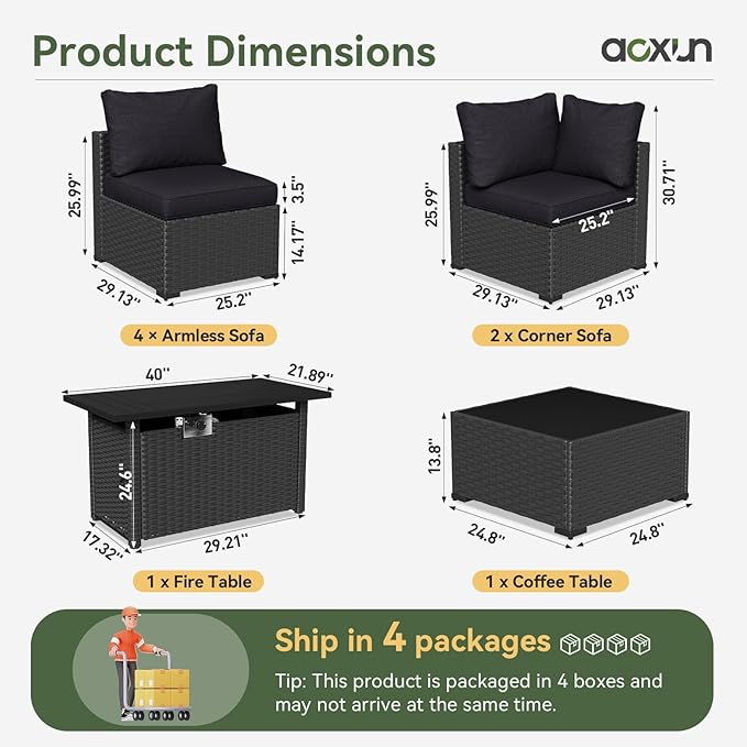 Aoxun 8 Piece Patio Furniture Set with 44” Fire Pit Table Wicker Rattan Patio Sectional Sofa Set Outdoor Seating Furniture with Thickened Cushion, Black