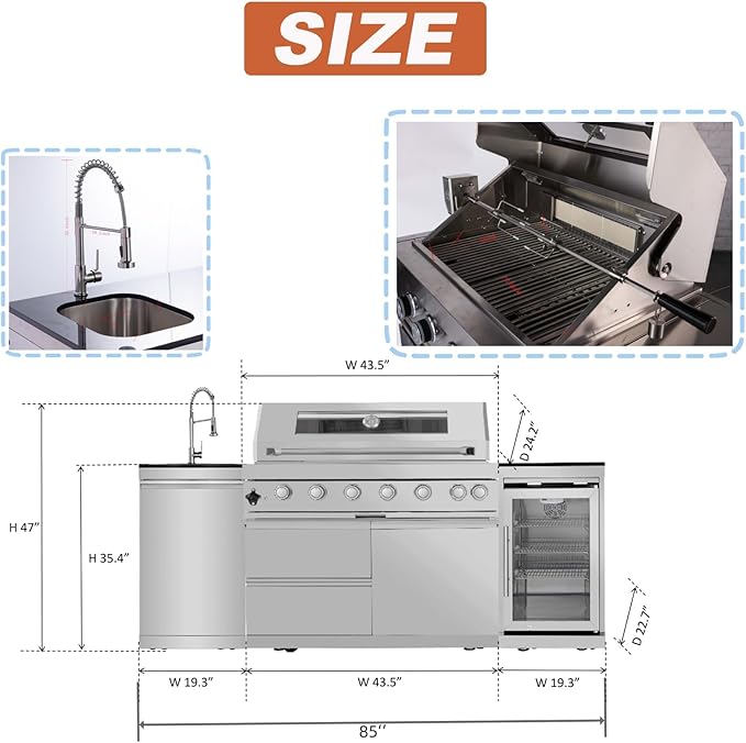 Outdoor Kitchen Island 85" 6-Burner 85000 BTU Deluxe Modular BBQ Island - Grill Islands w/Wine Cooler, Built in Combo Outside Island + Rotisserie & Granite Top Outdoor Grill