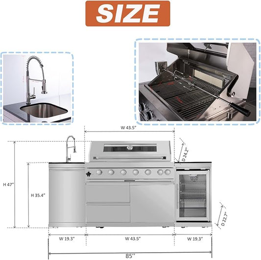 Outdoor Kitchen Island 85" 6-Burner 85000 BTU Deluxe Modular BBQ Island - Grill Islands w/Wine Cooler, Built in Combo Outside Island + Rotisserie & Granite Top Outdoor Grill