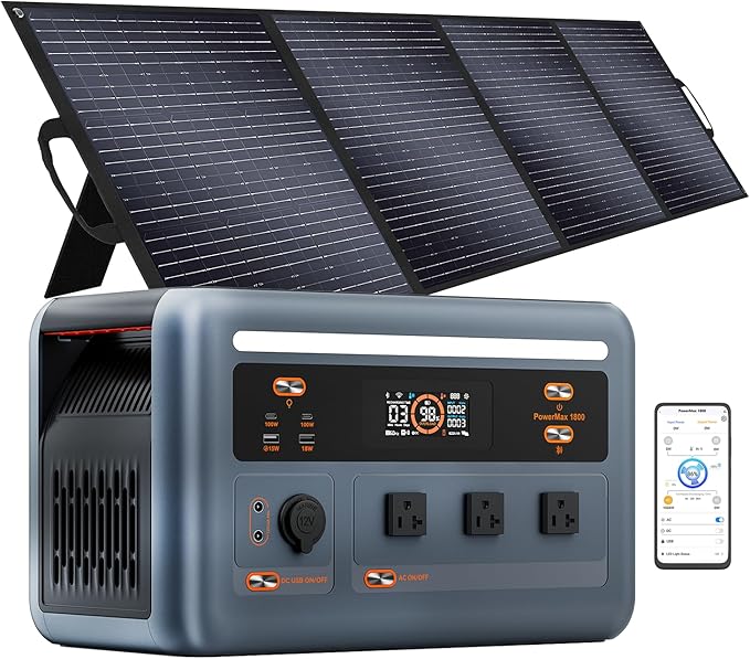 OSCAL 1800W Solar Power Station PowerMax 1800SE with 400W Solar panels, 1024Wh Expandable LiFePO4 Battery Generator with 3×1800W AC Outlets (3600W Peak), 800W AC Charging & 800W Solar Charging, APP