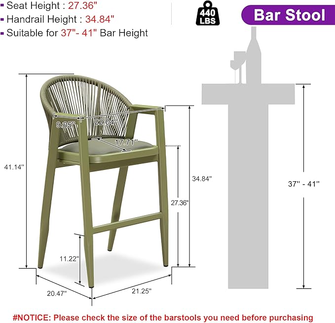 PURPLE LEAF Outdoor Bar Stools Set of 2 - Wicker Woven Height Chairs, Aluminum Barstool for Patio Kitchen Island Lawn, Green