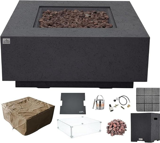 AMS Creations | Brooklyn 40" Bundle Square Propane Gas Outdoor Fire Pit Table | Dark Gray Concrete GFRC | Limestone Texture Surface Fire Pit Table