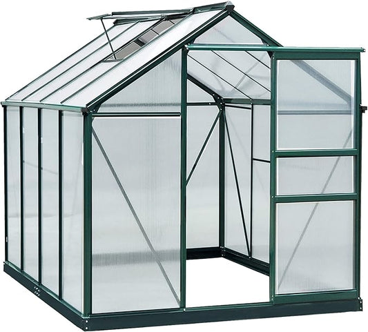 Outsunny 6' x 8' Greenhouse for Outdoors, Polycarbonate Greenhouse with Rain Gutter and Roof Vent, Aluminum Walk-in Green Houses for Outside for Patio Backyard Garden, Dark Green