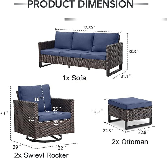 5 Piece Wicker Patio Furniture Set - Outdoor Swivel Rocker Chairs Set with 3 Seat Sofa and Ottomans, Small Patio Conversation Sets Proch Furniture for Balcony Deck - Brown/Blue