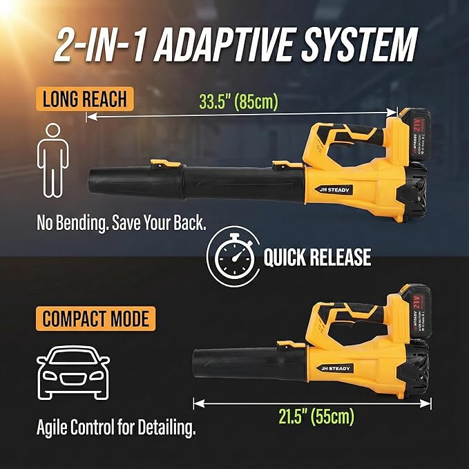 JH Steady 21V Cordless Leaf Blower - 3500W 350m/s, Stepless Variable Speed, Extended Nozzle, Rechargeable with Safety Gear (Yellow:2*Battery + Charger)