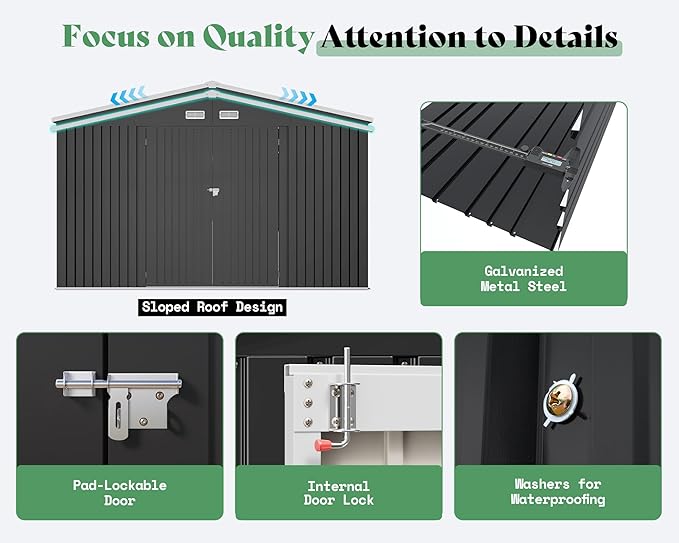AMERLIFE 12x20x7.2 FT Outdoor Storage Shed with 2 Transparent Panels, Metal Garden Shed with Hinged Double Doors, Windows & Vents, Reinforced Steel Frame for Backyard Garden, DIY Workshop, Dark Gray