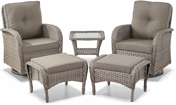 Belord 5 Pieces Wicker Patio Furniture Set - Swivel Rocker Outdoor Chairs with Ottomans and Side Table, Small Patio Conversation Set for Deck Porch Backyard