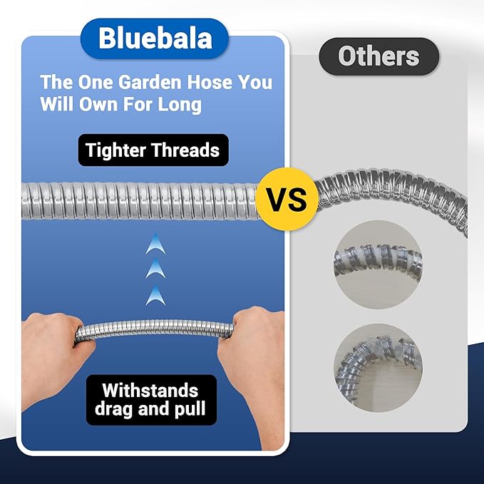 50 FT Stainless Steel Garden Hose – 304 Steel Heavy Duty Metal Hose, No-Kink, Puncture Resistant, Lightweight, Leak-Proof Swivel Fittings, 8-Pattern Nozzle for Garden, Yard, Outdoor Cleaning