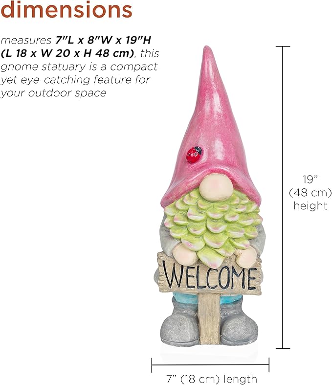 Alpine Corporation 19" Tall Outdoor Red Hat Holding “Welcome” Sign Gnome Statue, Stylish Weatherproof Garden Decor