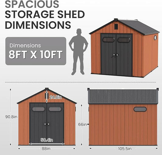 CRESTLIVE 8x10 FT Rust-Resistant Plastic Outdoor Storage Shed, Waterproof Resin Garden Shed with Floor, Doors, Skylight & Vent for Lawn Tools & Bikes