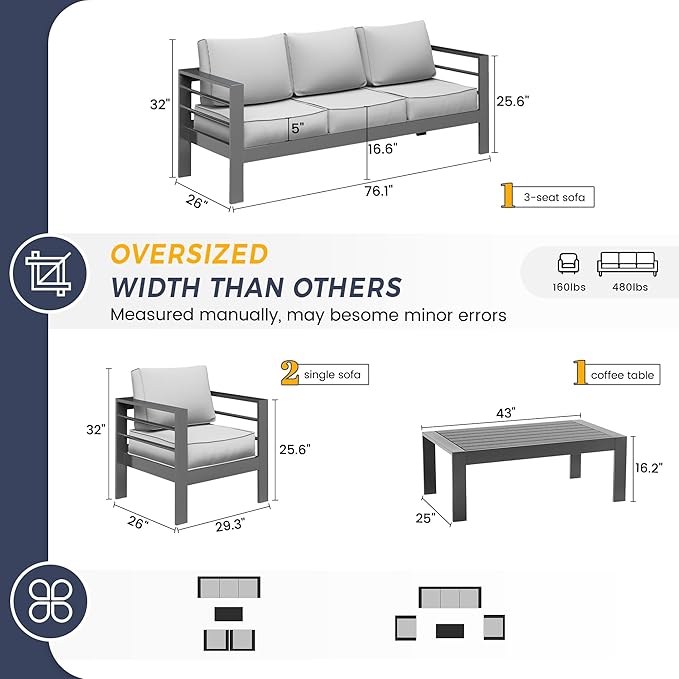 UDPATIO 6 Piece Aluminum Patio Furniture Set, Oversized Modern Outdoor Furniture Set with Olefin Fabric Cushion for Patio Deck Backyard, Grey(with Waterproof Covers)