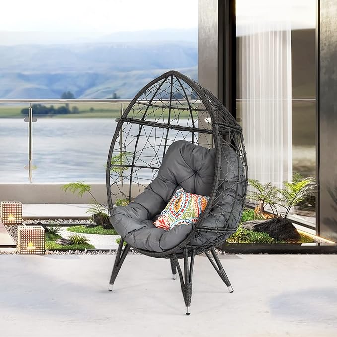 Outdoor Egg Chair, Part of Patio Conversation Set, All-Weather Wicker Lounge Chair with Thick Cushions, Single Seat for Balcony, Garden, Porch, Grey