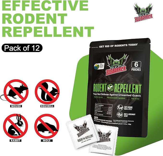 Extra-Strength Mouse Repellent Deterrent Pouches, USDA 99% Biobased, Peppermint & Rosemary Oils Repel Mice Nesting in Car, RV, Boat, Garage, Shed, Cabin Made in The USA (12 Pack)