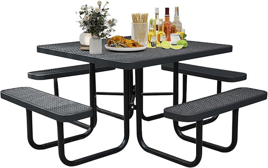 8-Person Outdoor Picnic Tables,46" Heavy-Duty Metal Square Picnic Table,Expanded Metal Commercial-Grade Table with 4 Benches & Umbrella Hole,Waterproof Coating Beach Table for Patio,Garden, Backyard