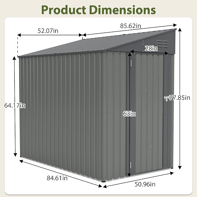 4x7 FT Metal Outdoor Storage Shed, Lean-To Garden Tool and Bike Shed with Lockable Door and Air Vents, Waterproof Sloped Roof Steel Utility Shed for Backyard, Patio,Lawn Equipment, Olive Gray