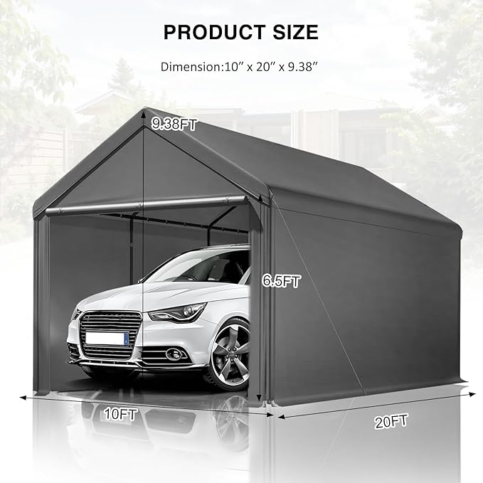 Carport Canopy 10x20 Heavy Duty, Portable Carport Garage with Removable Sidewalls and Door, Car Port with Waterproof Canopy for All Season (Gray)