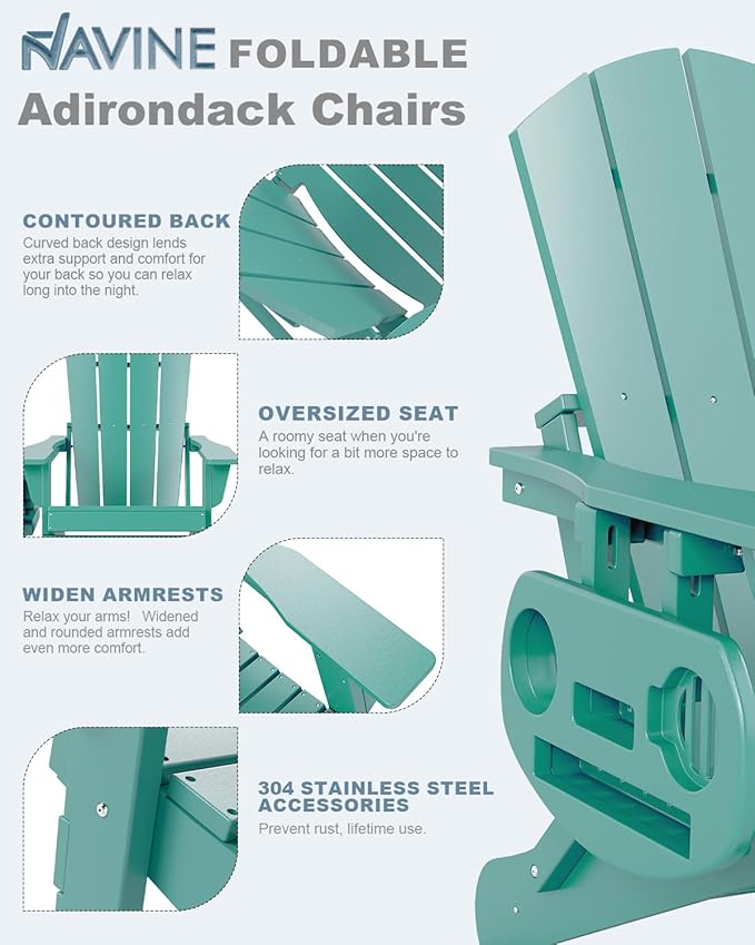 Adirondack Chair Set of 4, HDPE Folding Adirondack Chair with Multifunctional Cup Holder, Weather Resistant Fire Pit Chair for porches, patios, poolsides, Decks.