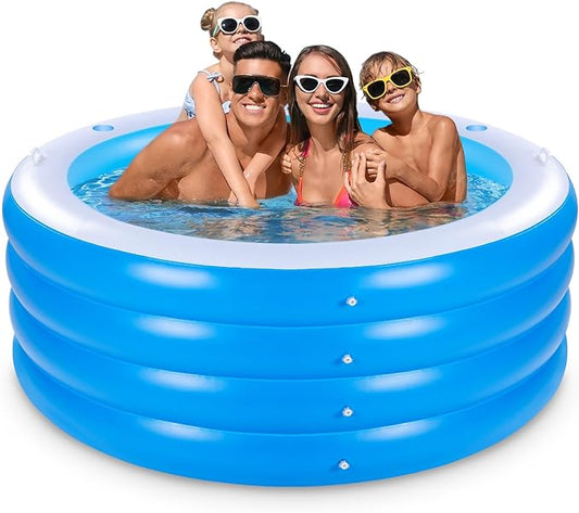 Inflatable Pool with Seating,Four-Tier 72” x 27”Inflatable Swimming Pool with Drink Holder Handles, Summer Family Water Park,Backyard Family Pool, Garden (Blue)