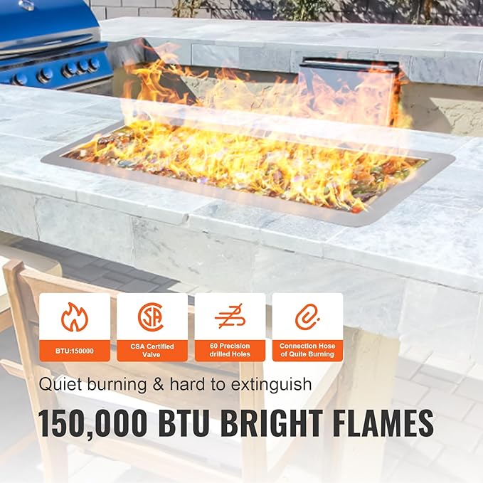 VEVOR 36 x 12 inch Drop-in Fire Pit Pan, Rectangular Stainless Steel Fire Pit Burner Kit, Propane Fire Pan 150,000 BTU with H-Burner for Indoor or Outdoor Use