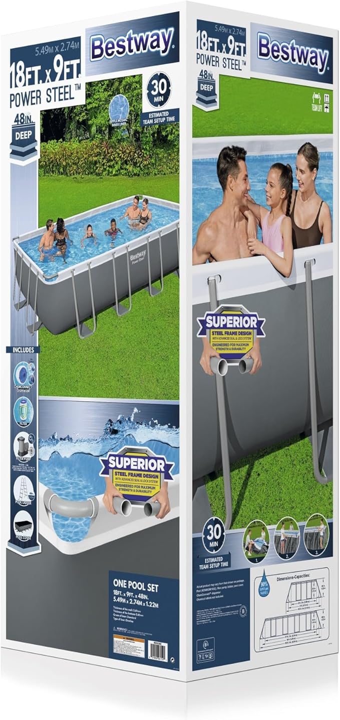 Bestway Power Steel 18' x 9' x 48" Rectangular Metal Frame Above Ground Swimming Pool Set with 1,500 GPH Filter Pump, Ladder, and Pool Cover