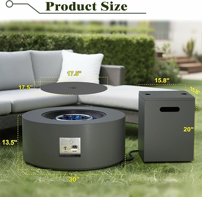 Dineli 2-Piece Outdoor Propane Fire Pit Table Set w Tank Table 30'' Round Fire Pit Table 2-in-1 Firepit Table for Outside Patio Gas Fire Pit w LED, 50,000 BTU, Dark Gray with Warmlight