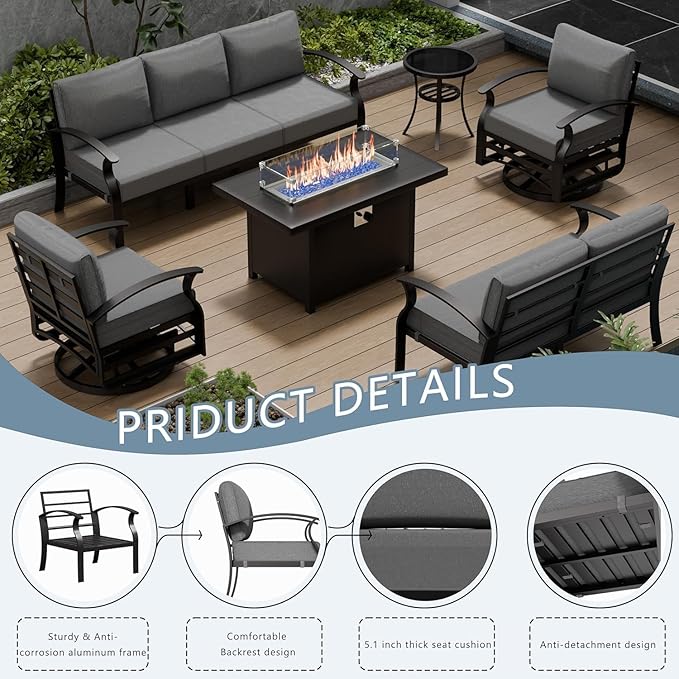 Aluminum Patio Furniture Set with Fire Pit Table, 7 Seats Patio Outdoor Conversation Set with Swivel Chair Modern Metal Patio Sectional Sofas with Upgrade Cushions for Patio, Backyard (Grey)