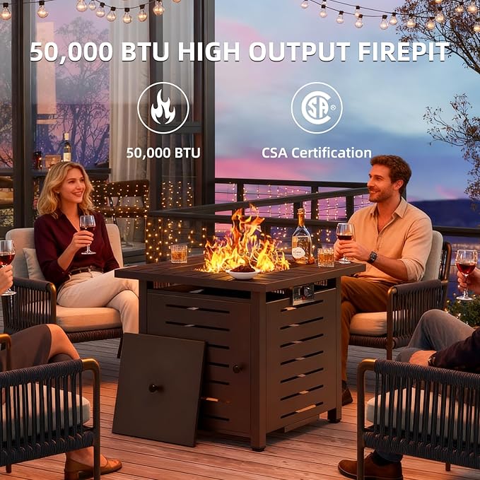 Aoxun 28 Inch Propane Fire Pit – 50,000 BTU Square Outdoor Gas Fire Pit Table for Outside, 2 in 1 Fire Table with Lava Rocks & Lid for Backyard, Patio, Deck, Garden
