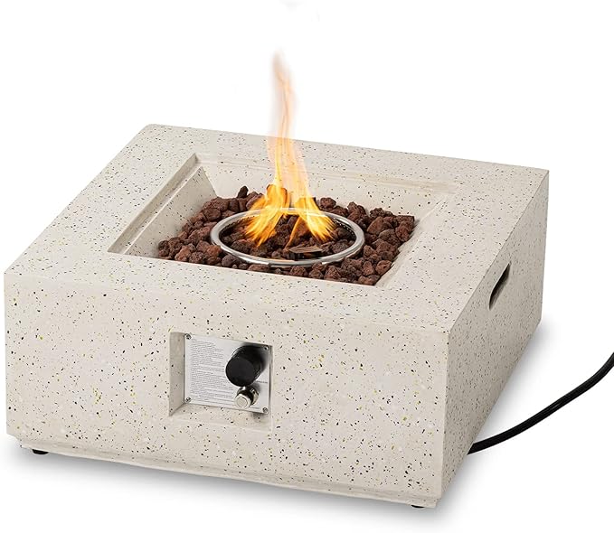 SUNBURY 28 Inch Outdoor Propane Fire Pit Table, 40,000 BTU Spotted White Patio Gas Fire Table w Lava Rocks, Waterproof Cover (Square)