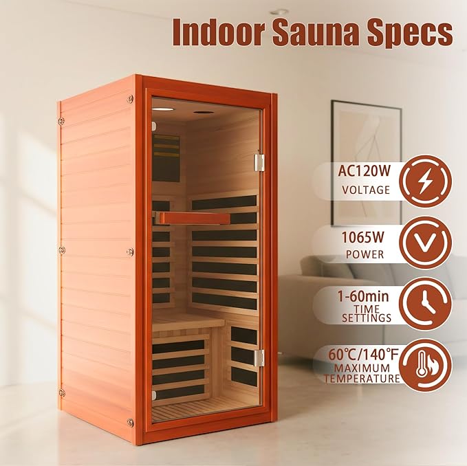 RIGO Home Personal Far-Infrared Sauna Room — 1065W 120V Wooden Dry Sauna Room with Red Light and Bluetooth Music Function, Single-Person Design, Dimensions: 31.5 * 31.5 * 63 inches