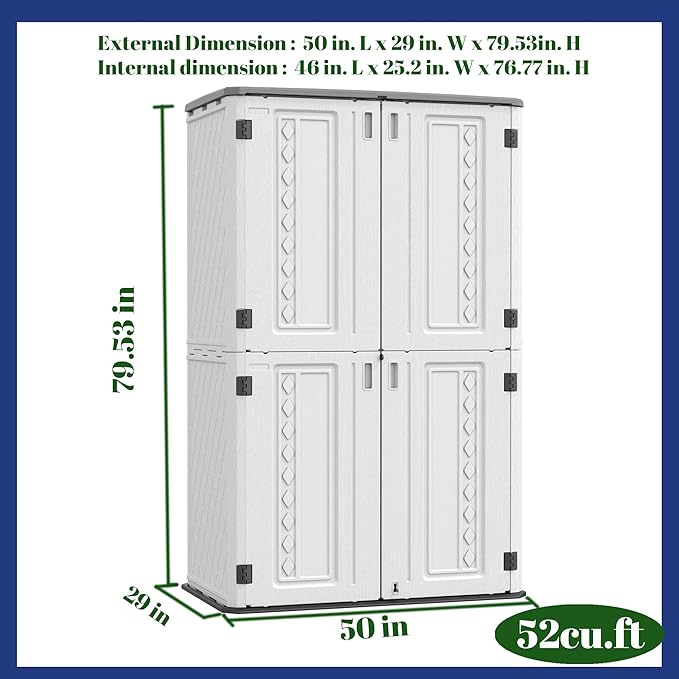 ADDOK Vertical Outdoor Storage Shed with Floor, 54 Cu Ft Outdoor Storage Cabinet with Lockable Double Doors, All-Weather Durable Plastic Construction for Patio, Backyard, Lawn and Garden, White